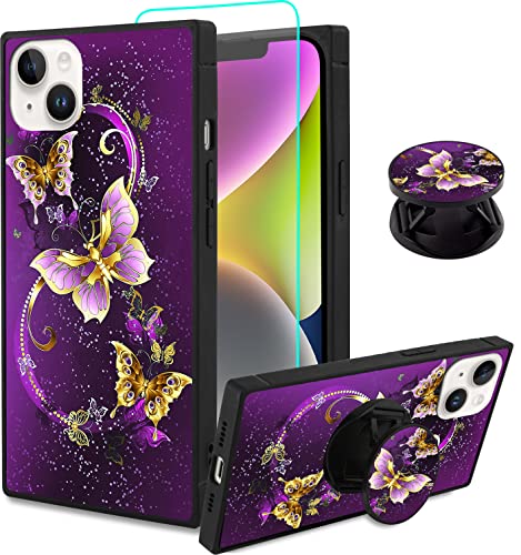 Sakuulo Iphone 14 Plus Case,[Screen Protector + Kickstand] Square Cute Purple Butterfly Print Design Soft Tpu Edge Protection Sh
