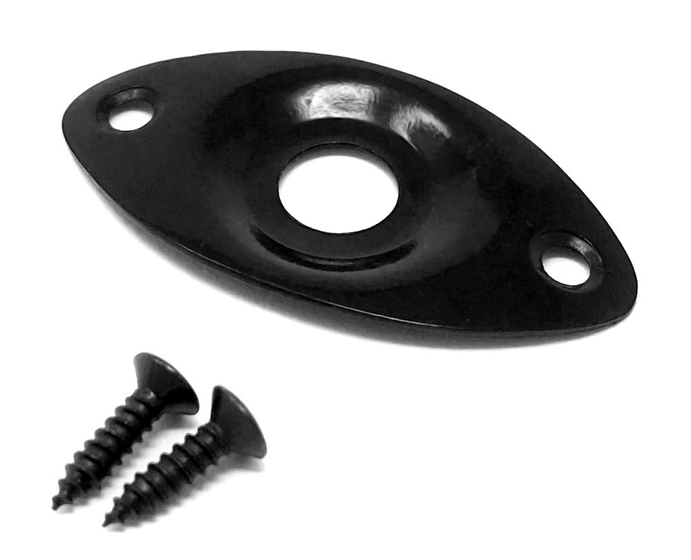 Vintage Forge Black Oval Jack Plate For Guitar And Bass With Screws Metal Indented Curved Football Shape Jpf20 Blk