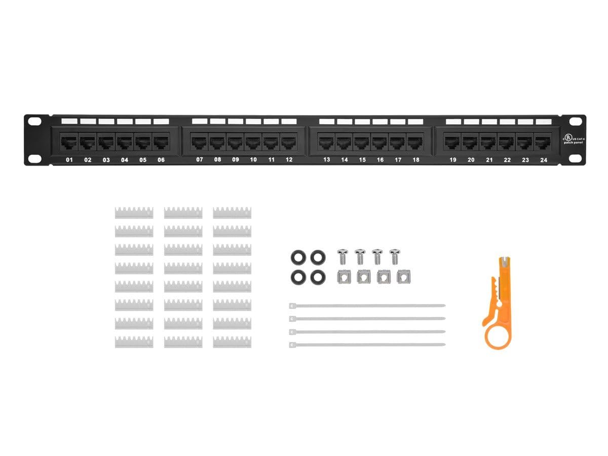 Monoprice 24-Port Cat6 Patch Panel 110-Type 568A/B Compatible 19-Inch 1U Black Steel Rackmount