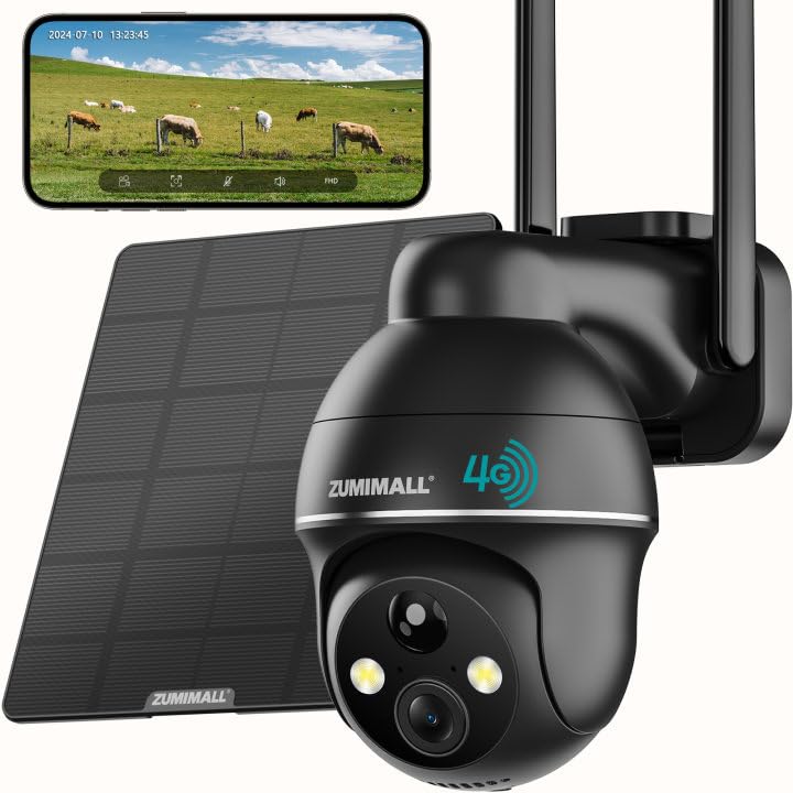 Zumimall 4G Lte Cellular Solar Security Camera Outdoor, 2K No Wifi Security Camera Solar Powered With Color Night Vision, 2 Way Talk, Motion Alert, Cloud, Sim Included(Us Version)