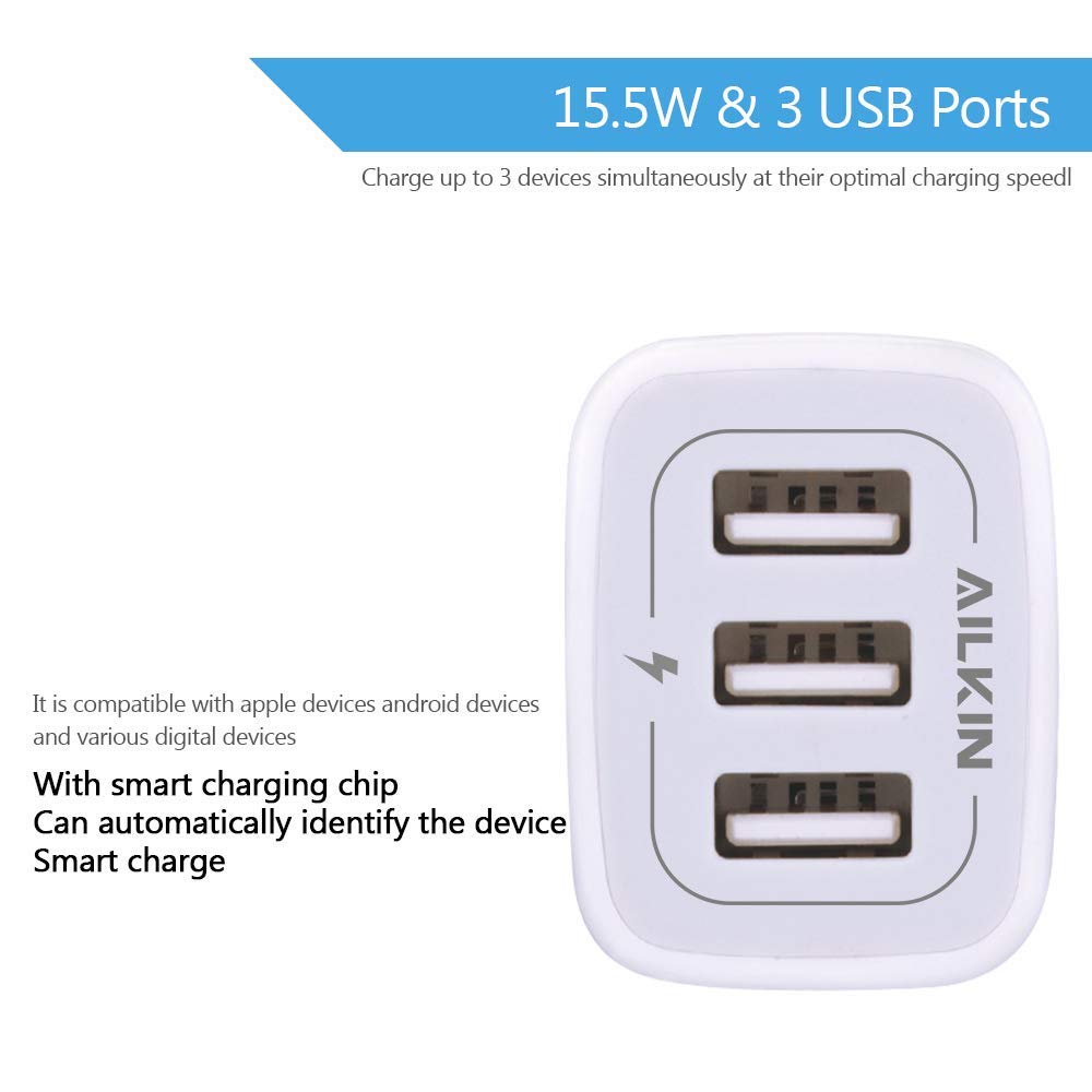 Usbwall Charger Cube Ailkin 3.1A 3 Muti Port Adapter Power Plug Charging Station Box Base For Iphone 14 13 12 Pro Max Mini Se 11