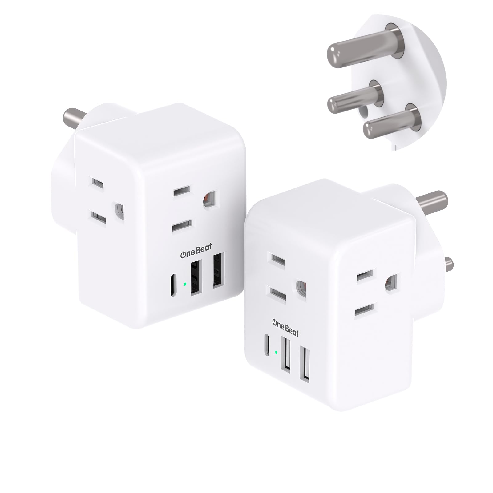 2 Pack India Power Adapter, One Beat Type D Plug Adapter With 3 American Outlets 3 Usb Ports(1Usb C), 6 In 1 India Travel Plug A