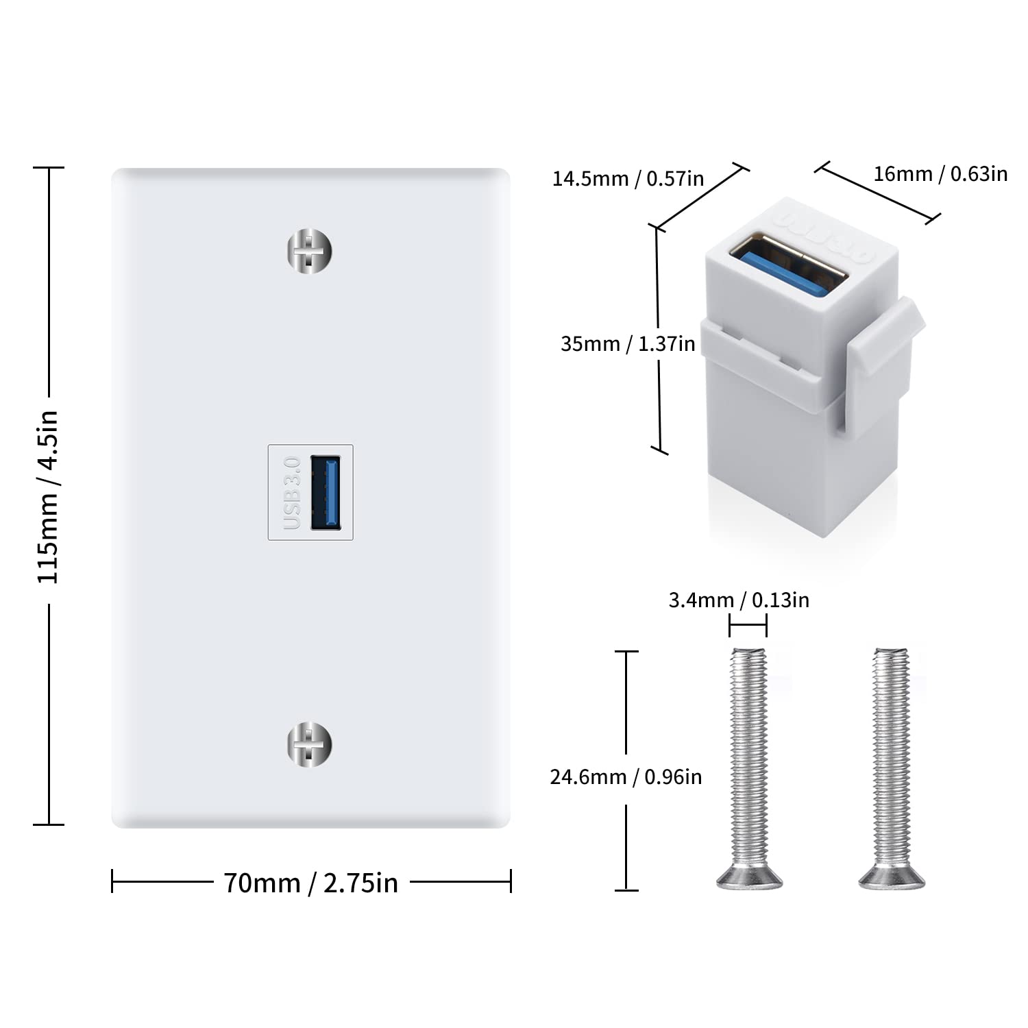 Poyiccot Usb 3.0 Wall Plate, 1Port Usb 3.0 Keystone Jack Outlet Wall Plate For Mount Socket Face Plate Panel Cover, Usb 3.0 Fema