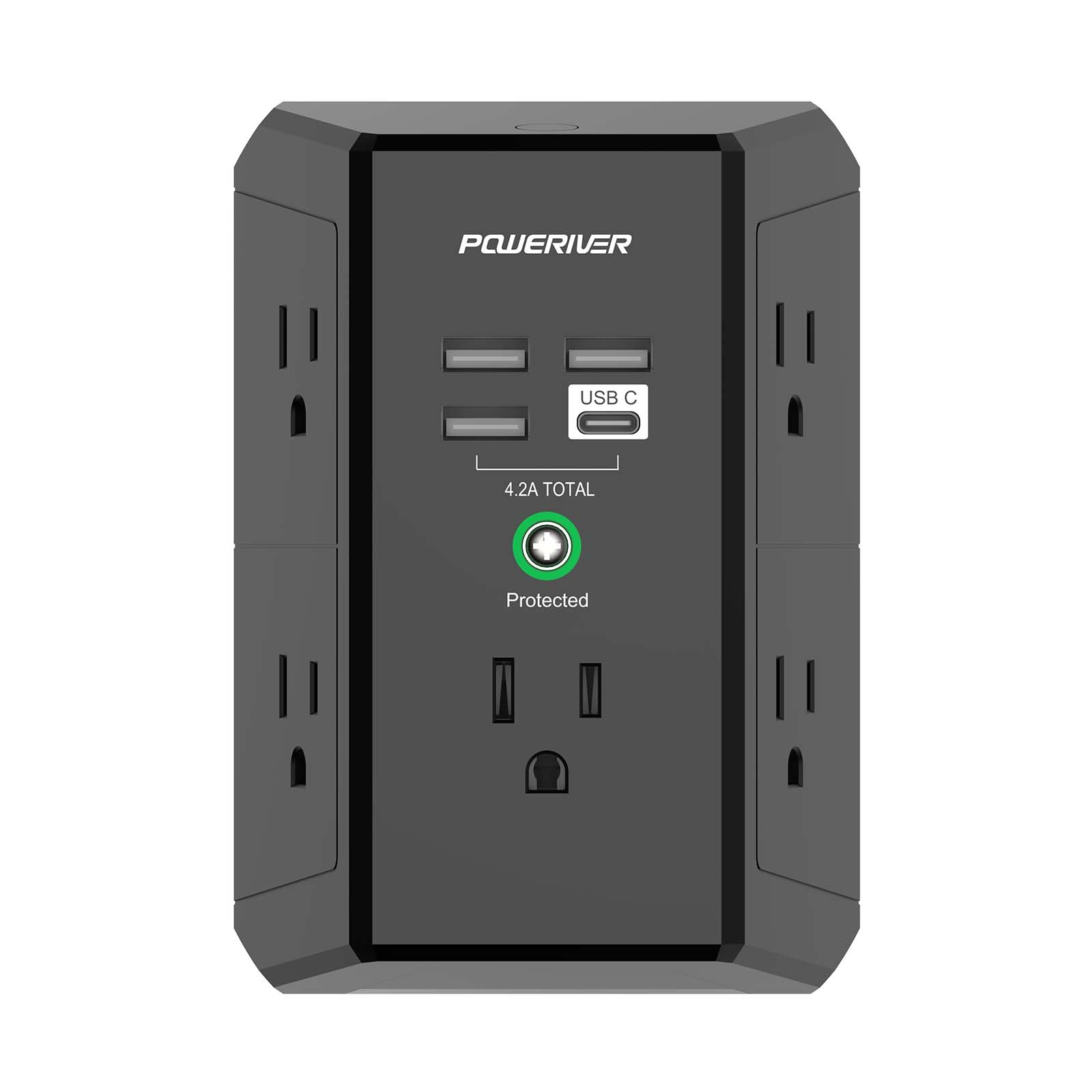 Multi Outlet Extender Surge Protector   Poweriver Multi Plug Wall Outlet With 5 Ac Outlets And 4 Usb Ports(1Usb C), 1680 Joules,