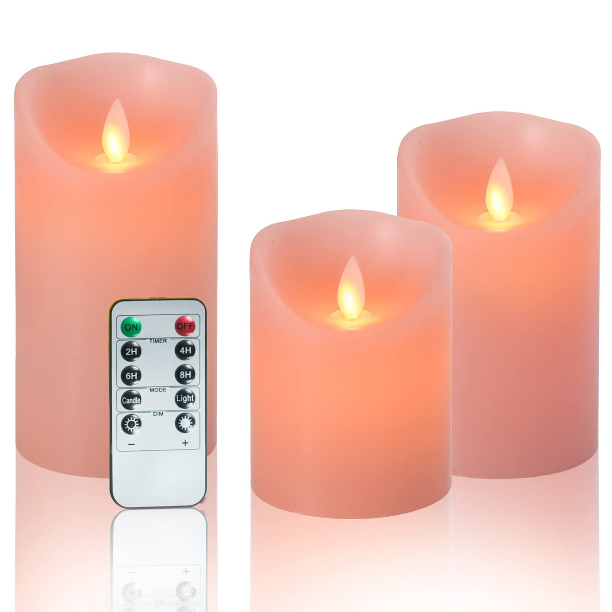 Flameless Led Battery Operated Flickering Candles: 4'' 5'' 6'' Set Of 3 Pink Real Wax Pillar Dancing Flame 10 Key Remote Control