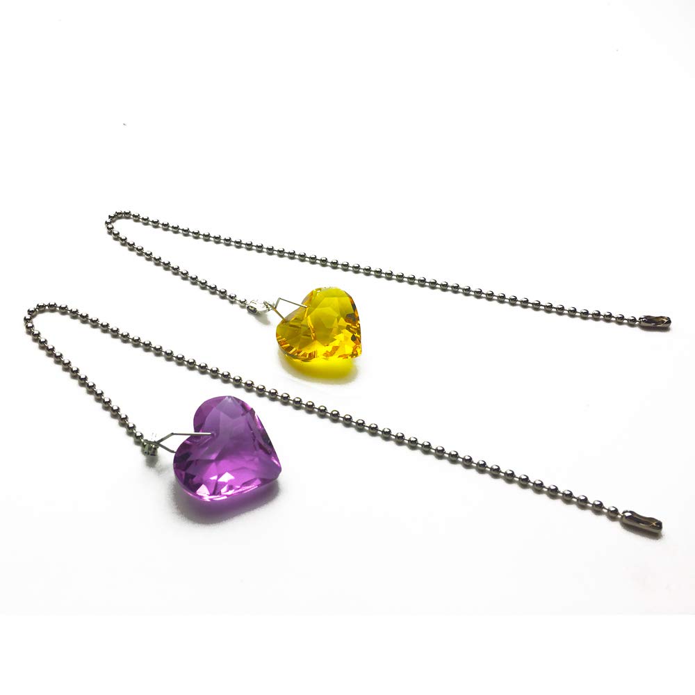 Hyamass 2Pcs Crystal Heart Prisms Pendant Ceiling Fan Pull Chain Extender With Ball Chain Connector (Golden Yellow+Purple)
