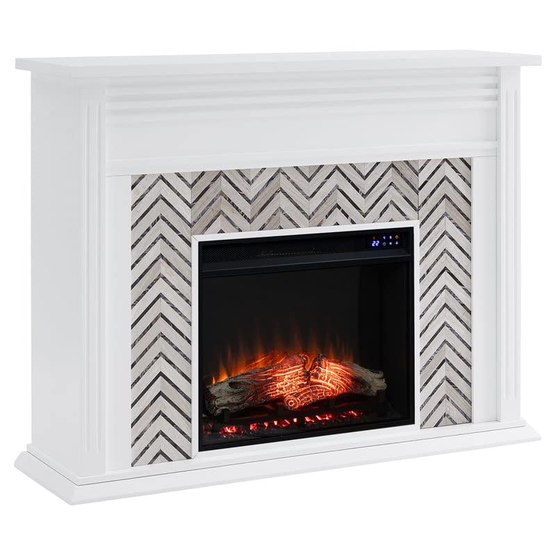 Sei Furniture Hebbington Wood Tiled Marble Electric Fireplace In White