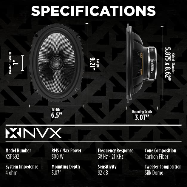 Nvx Xsp692 6X9 Car Speakers, 600W Max, 300W Rms, 2-Way Coaxial W/ 1 Silk Dome Tweeters & Built-In X-Overs, Easy To Install In Ca