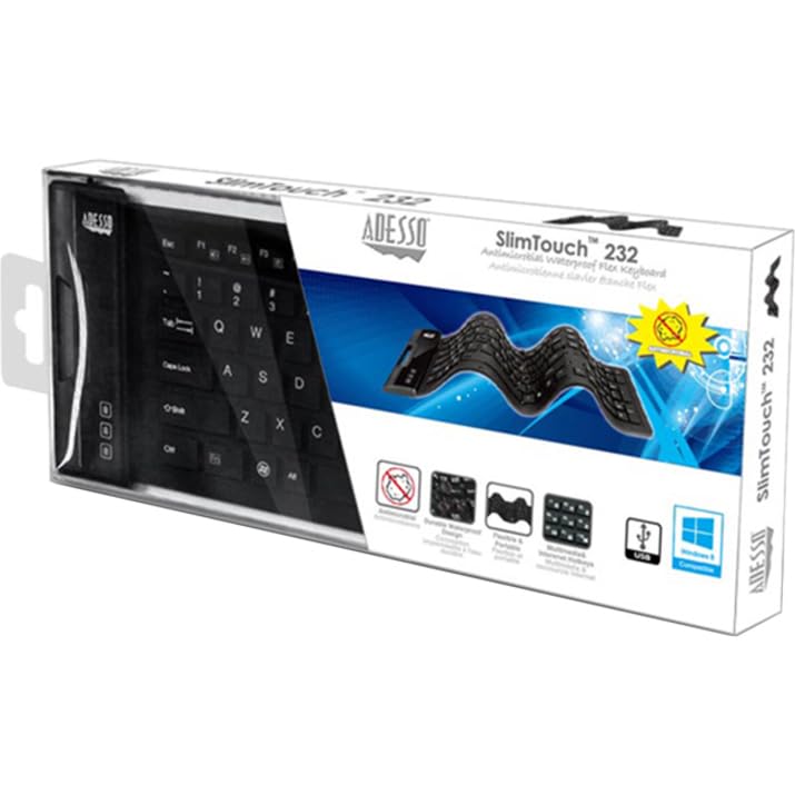 Adesso Slimtouch 232 Antimicrobial Waterproof Flexible Keyboard For Windows 8/7/Vista/Xp/2000 (Akb 232Ub), Black