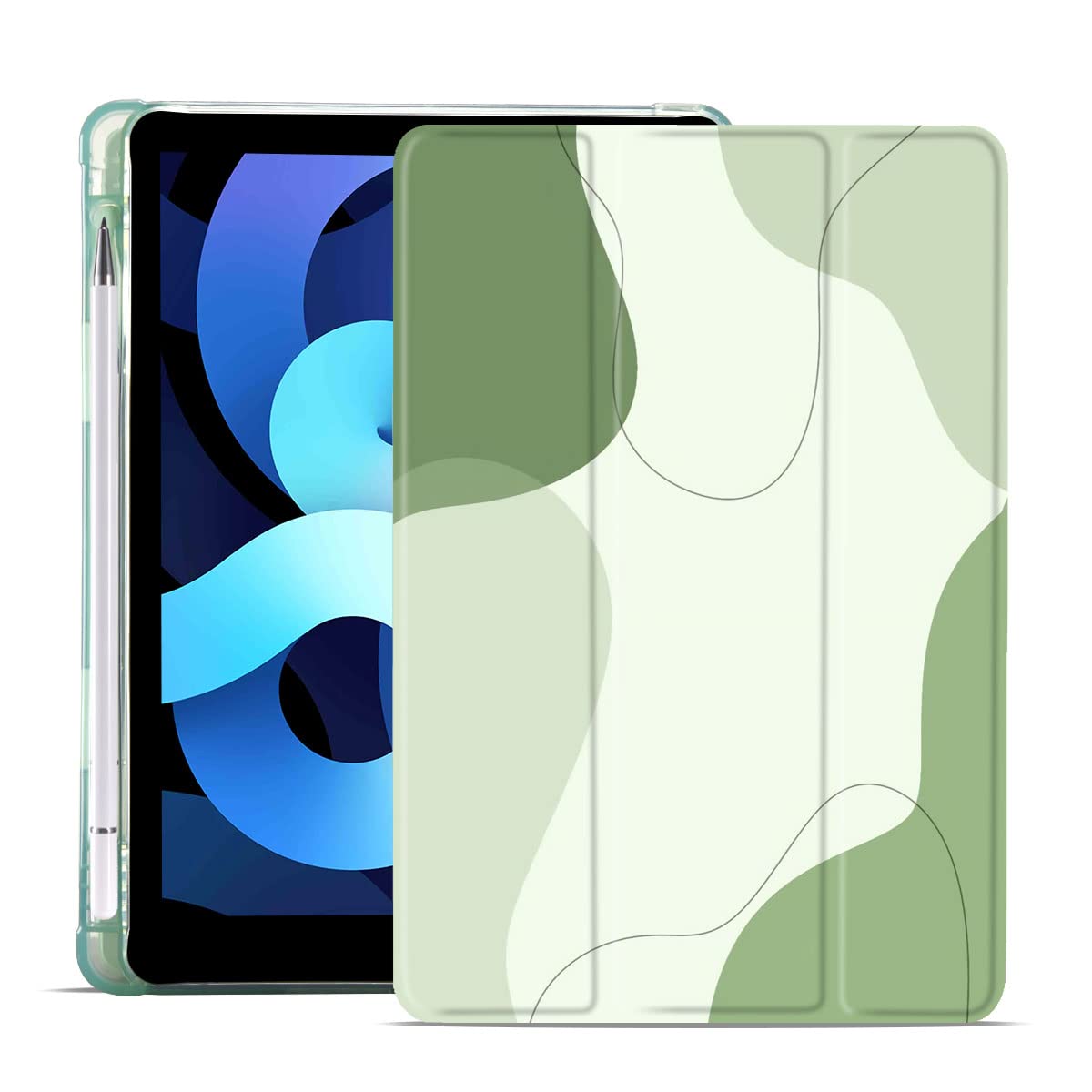 Maycari Abstract Line Art Sage Green Case For Ipad 9.7 Inch 2017/2018 With Pencil Holder, Aesthetic Ipad 5Th/6Th Generation Prot