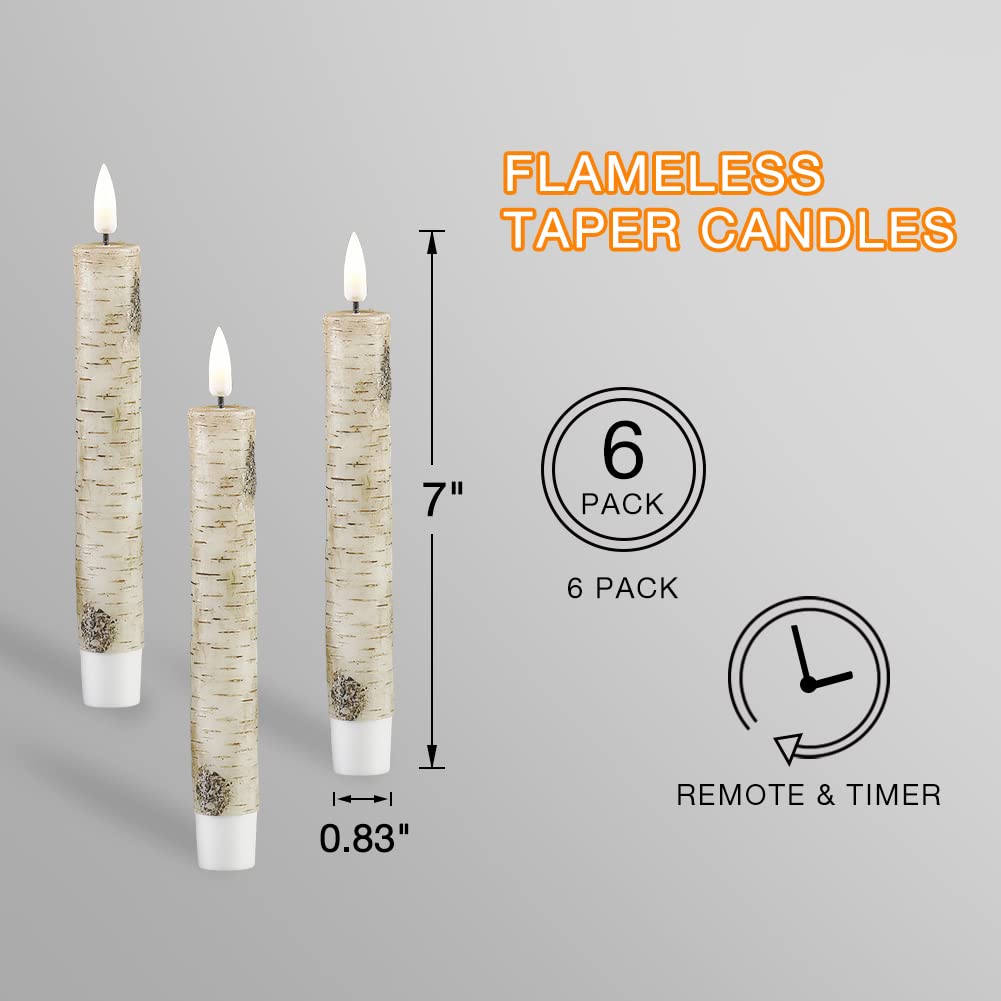 Eywamage Short Birch Bark Flameless Taper Candles With Remote, Flickering Wood Led Wax Candlesticks Set Of 6