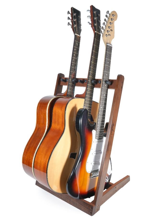 Musbeat Multi Guitar Stand, Black Walnut Wood Multiple Guitar Stand for 2 Acoustic, 3 Electric or 3 Bass, Hardwood Instrument Ra