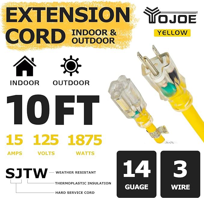 Yojoe Indoor Outdoor Extension Cord With Lighted End, 3 Prong 15A Weatherproof Power Extension Cord, 14 Gauge Heavy Duty 6 Ft Ye