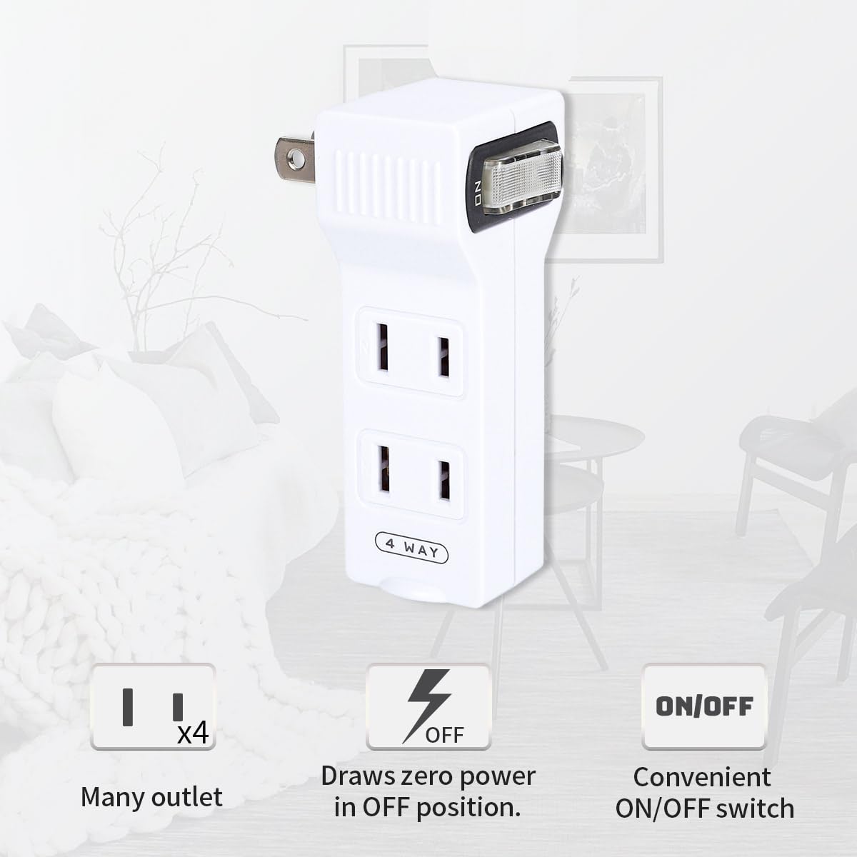 Sycon 4 Outlet Wall Adapter With A Power Switch And Night Light, 2 Prong Extender Adapter Plug With 4 Electrical Outlets For Tra