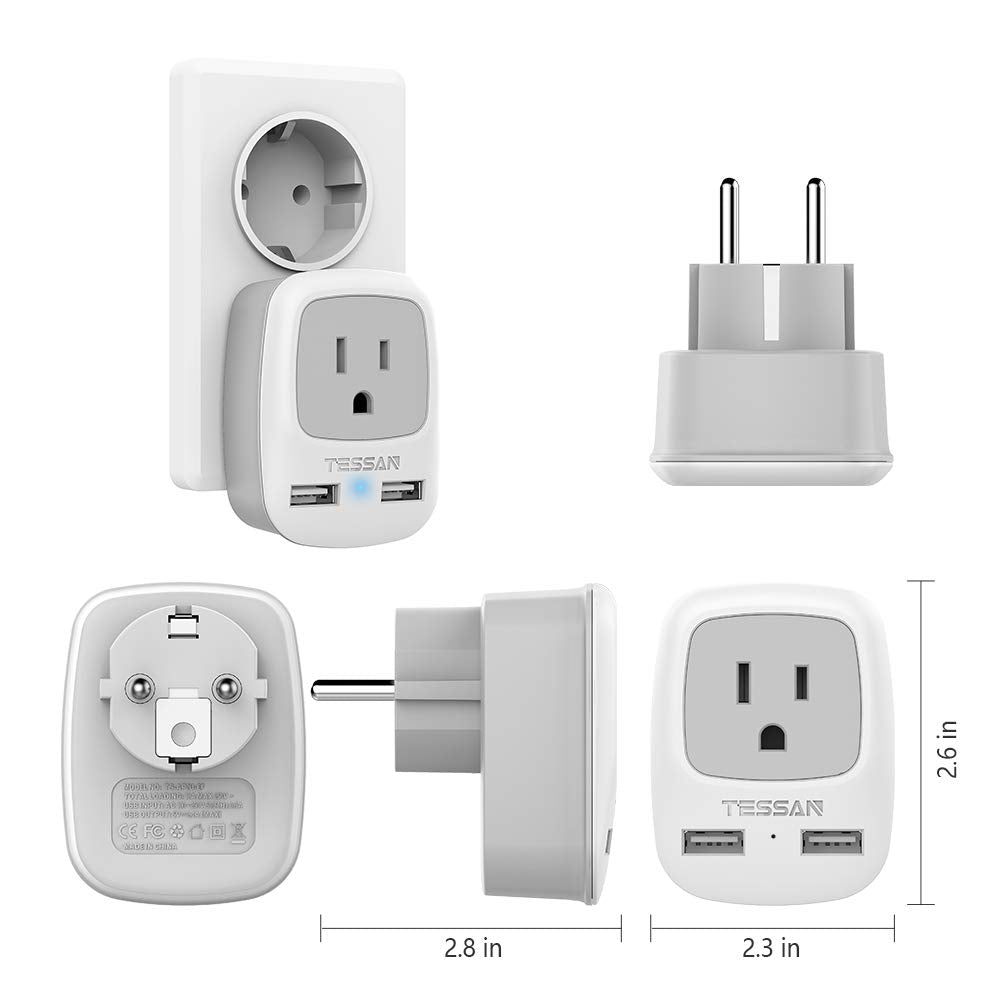 Tessan Germany France Travel Power Adapter, Schuko European Plug With 2 Usb, Type E F Outlet Adaptor Charger For Us To Europe Eu