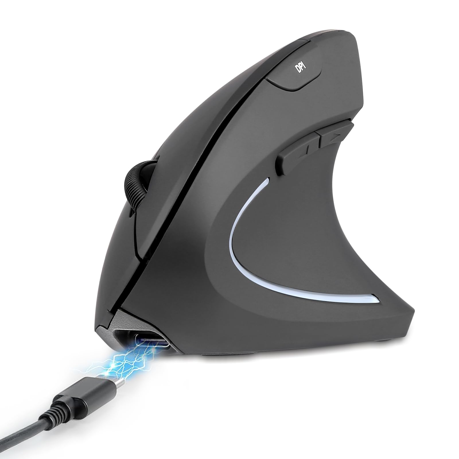 Perixx PERIMICE-713R Wireless Rechargeable Vertical Mouse - Duo Wired and Wireless Charging Feature - 6 Buttons Design - Black -