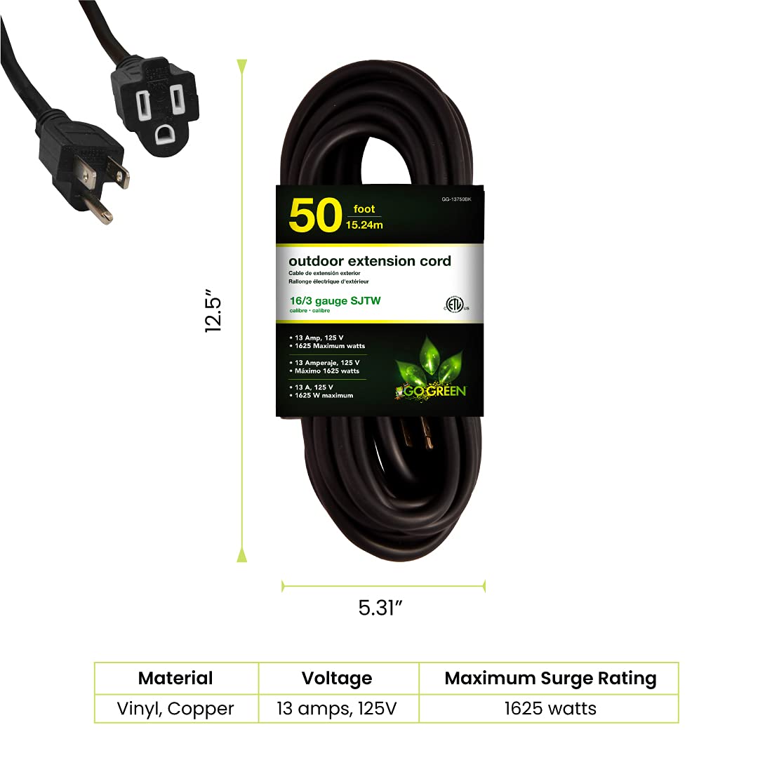 Go Green Power Inc. 16/3 50Ft Black Outdoor Extension Cord   Durable, Heavy Duty, Moisture Resistant   Ideal For Tools & Equipment   Gg 13750Bk