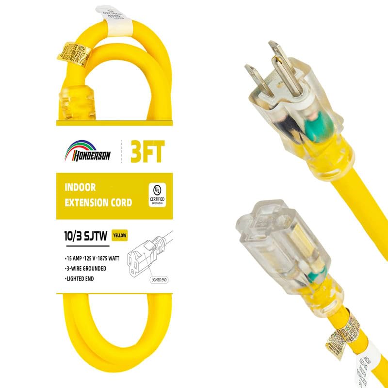 Honderson Indoor Outdoor Extension Cord Weatherproof With Lighted End, Ul Listed, 10 Gauge 3Ft Yellow 3 Prong Heavy Duty Extensi