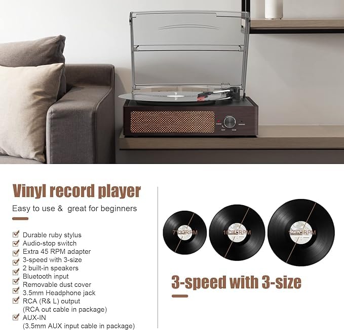 Vinyl Turntable, Bluetooth Portable Vinyl Turntable Vinyl Turntable With 3 Speed 33/45/78 Rpm And Built In 2 Stereo Speakers  Na