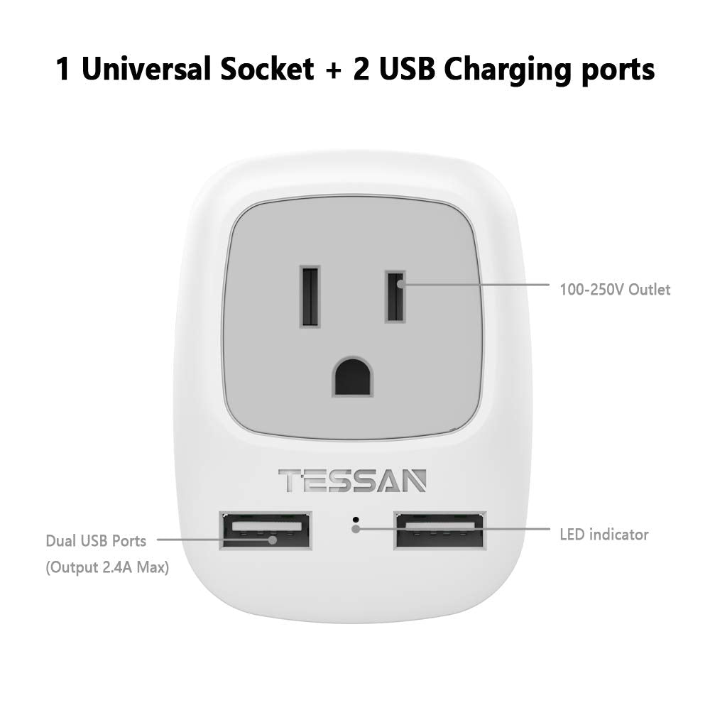 Us To Uk Ireland Travel Plug Adapter 2 Pack, Tessan Type G Power Outlet Adaptor With 2 Usb For Usa To Dubai Scotland British Lon