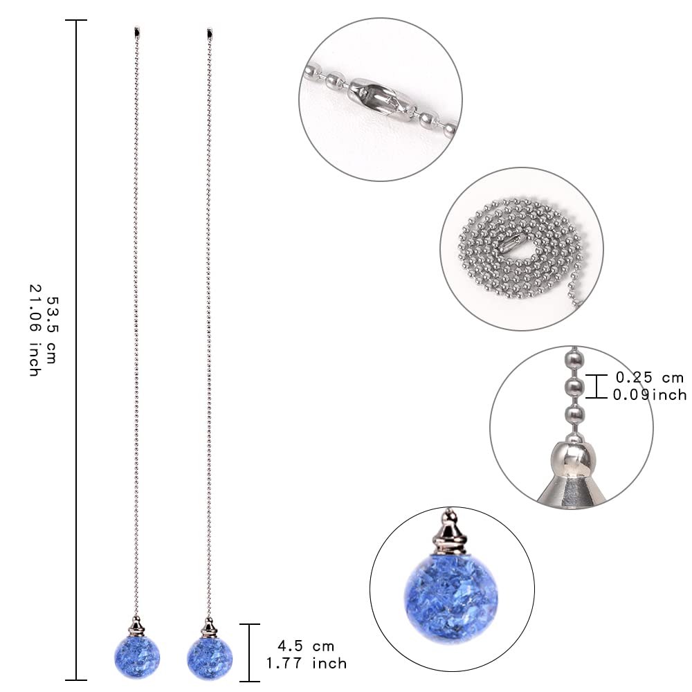 2Pcs Light Blue Pull Chain Crystal Glass Ice Cracked Ball Pull Chain For Ceiling Fan Light Decoratio 50Cm Extension Chain