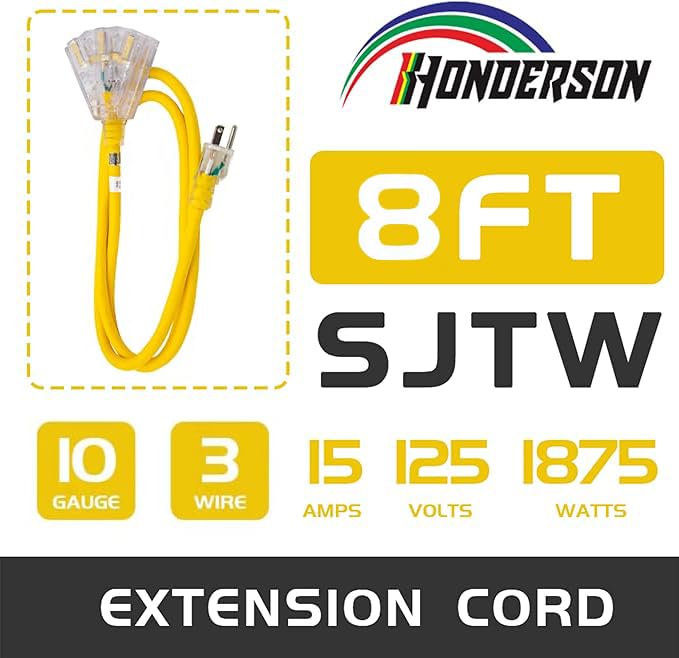 Honderson 3 Outlets Indoor Outdoor Extension Cord Weatherproof With Lighted End, Ul Listed, 10 Gauge 8Ft Yellow 3 Prong Heavy Du