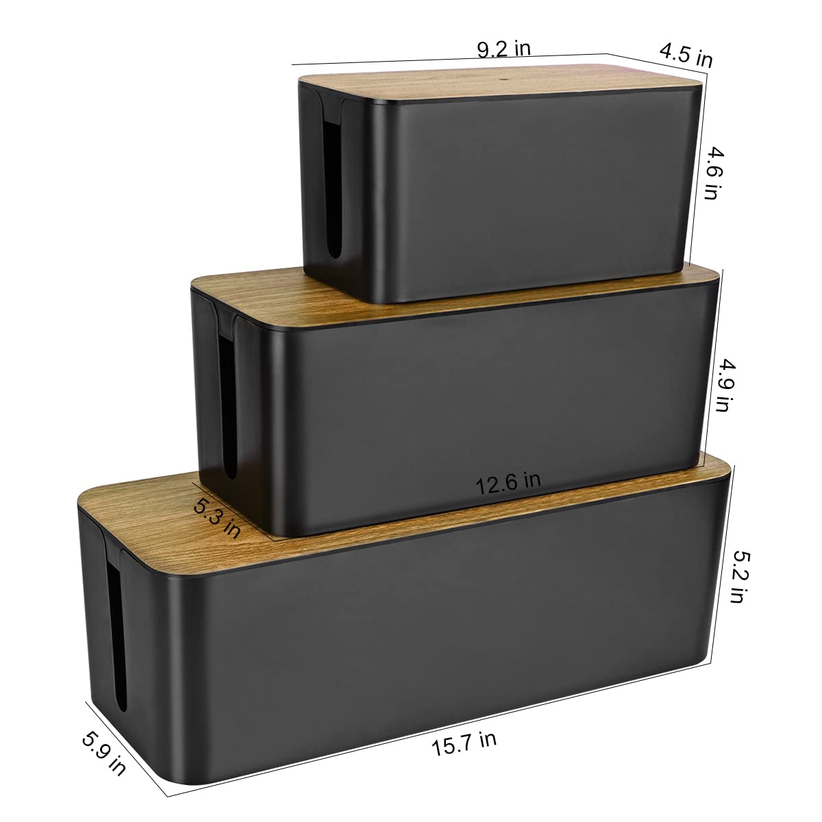 3 Pack Cable Management Box With 18 Pcs Cable Management Set   Large & Medium & Small Wooden Grain Cable Organizer Box To Hide W