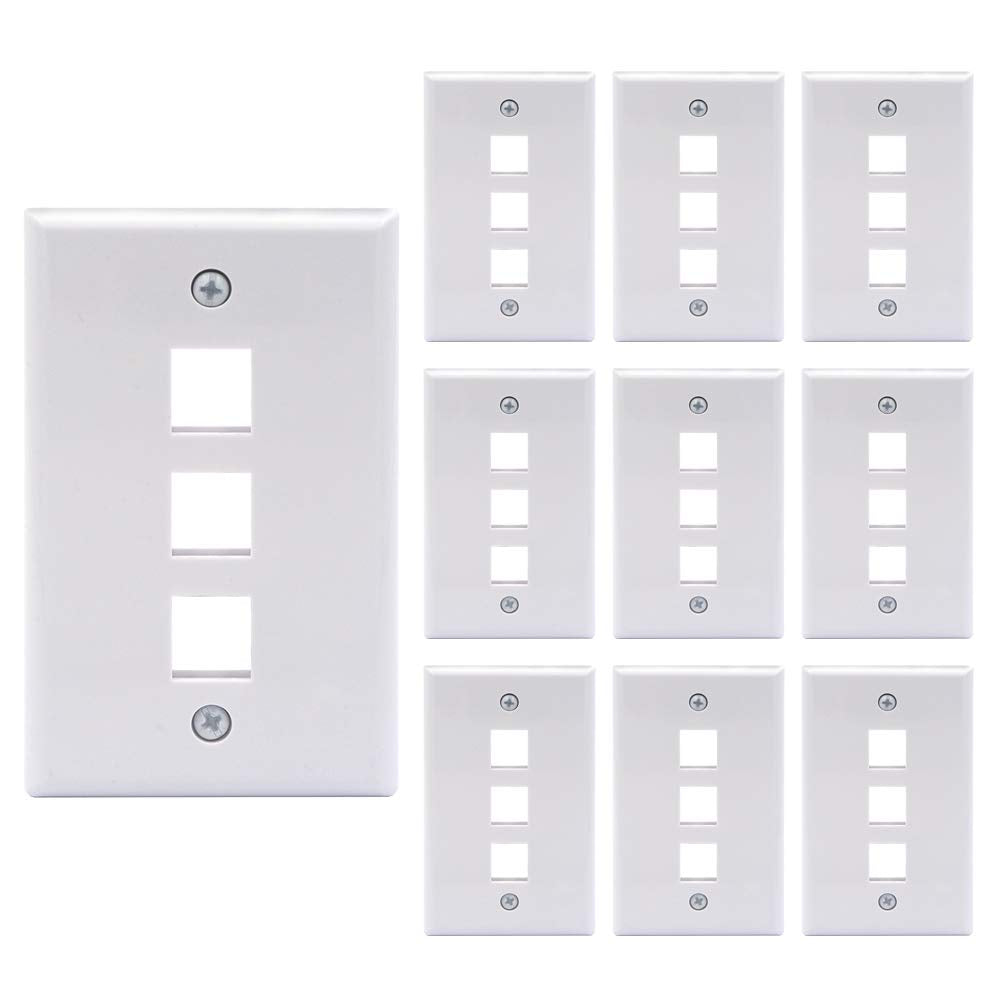 VCE 3 Port Keystone Wall Plate UL Listed (10-Pack), Single Gang Wall Plates for RJ45 Keystone Jack and Modular Inserts, White
