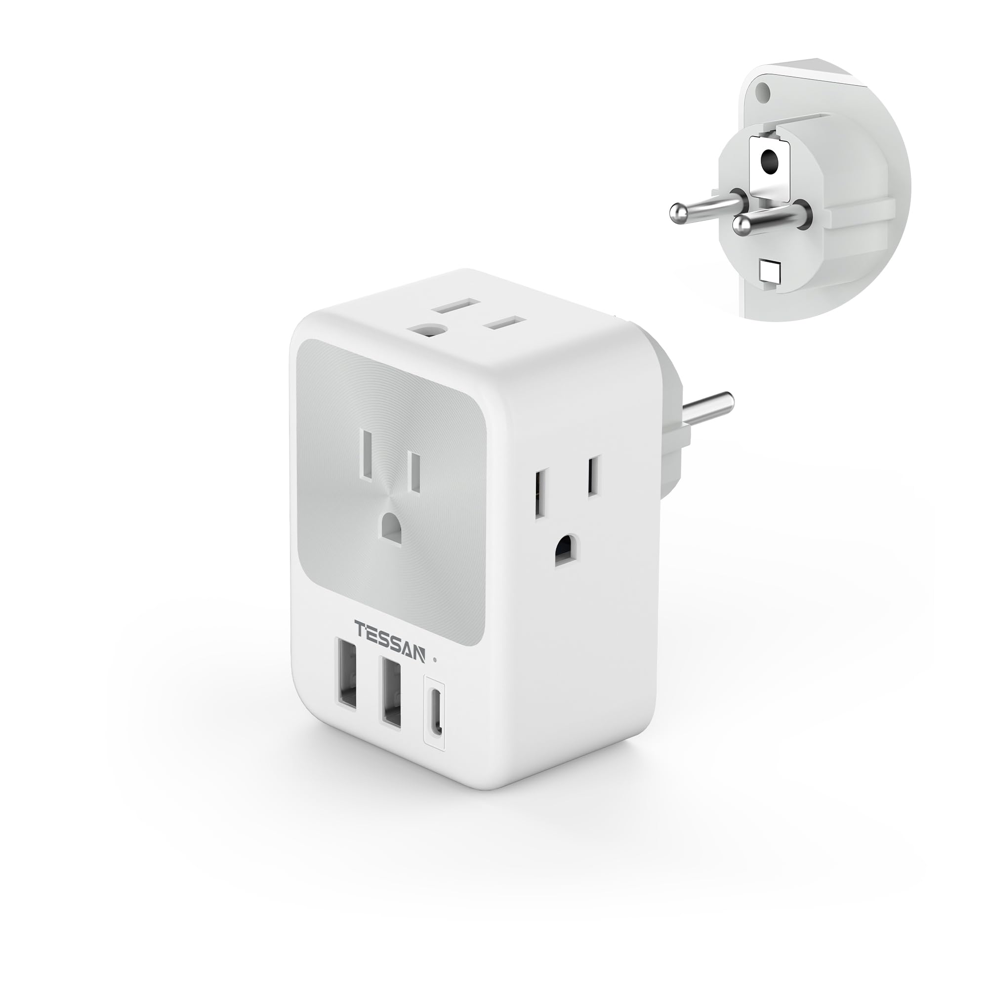 Tessan Germany France Travel Power Adapter, Schuko Plug Adaptor With 4 Outlets 3 Usb (1 Usb C Port), Type E/F Plug For Us To Eur