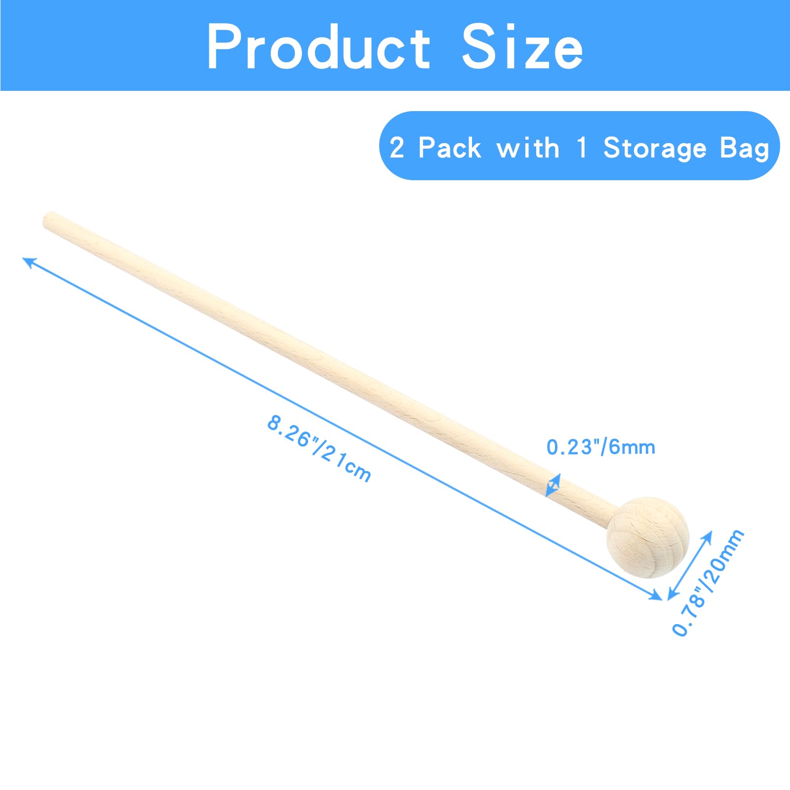 Luomorgo 2 Pcs Wood Xylophone Mallets, Glockenspiel Mallets Bell Mallets Percussion, 8 Inch Drumsticks For Bell, Chime, Tongue D