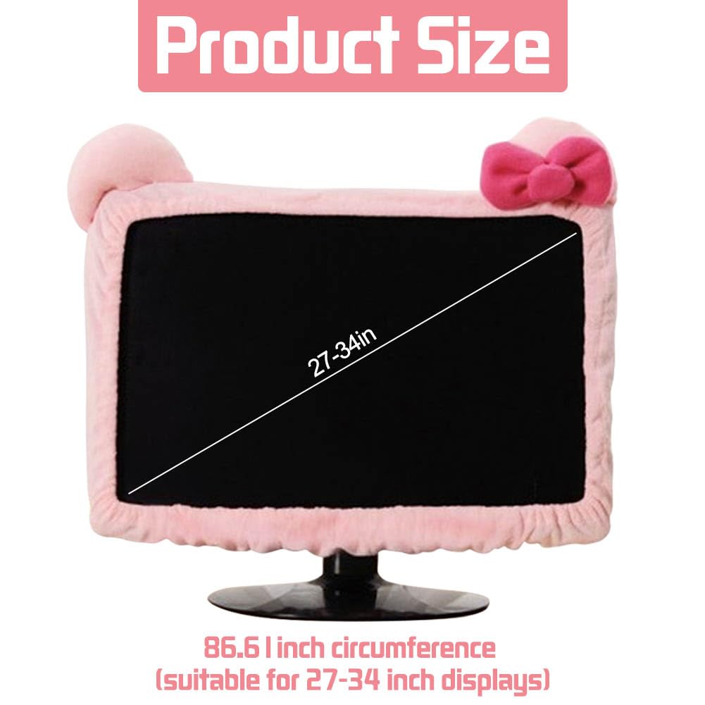 2 Pcs Computer Monitor Cover With Cat Ear Furry Pink Kawaii Elastic Monitor Dust Cover Dustproof Cover For Pc Tv Laptop Lcd Scre