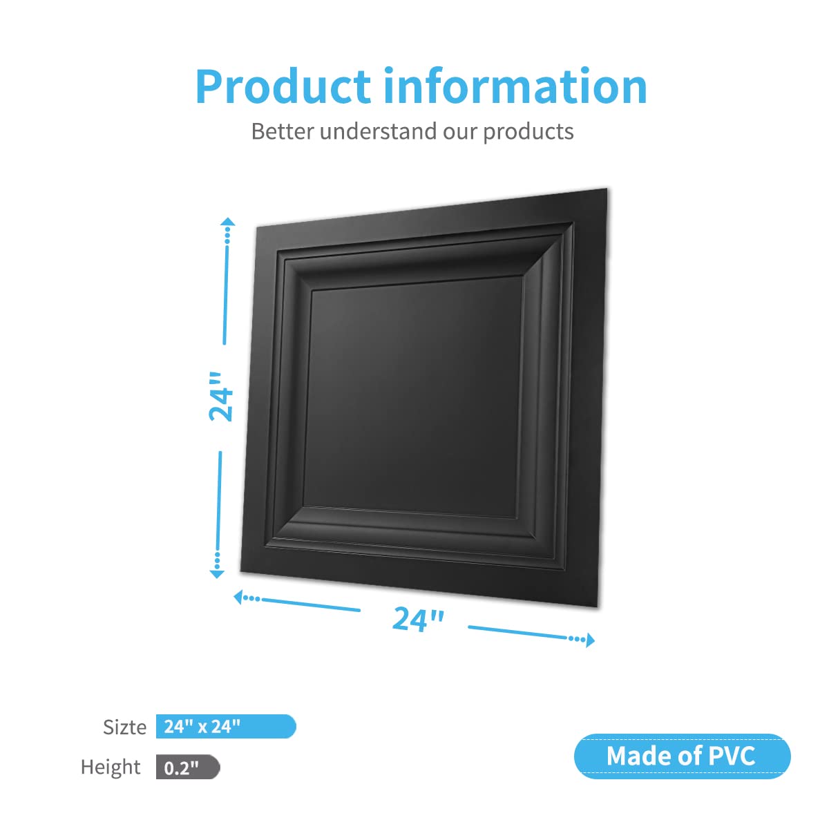 Art3D 12 Pack Square Black Drop Ceiling Tile 2Ft X 2Ft, Pvc Ceiling Panel 24 X 24In.