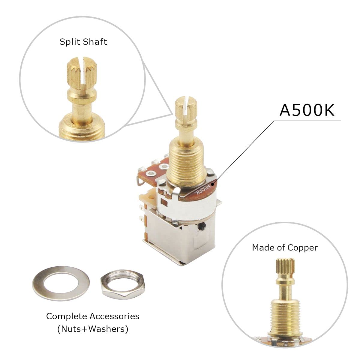 Fleor 2Pcs A500K Push Push Guitar Pots Audio Taper Potentiometers Long Copper Split Shaft