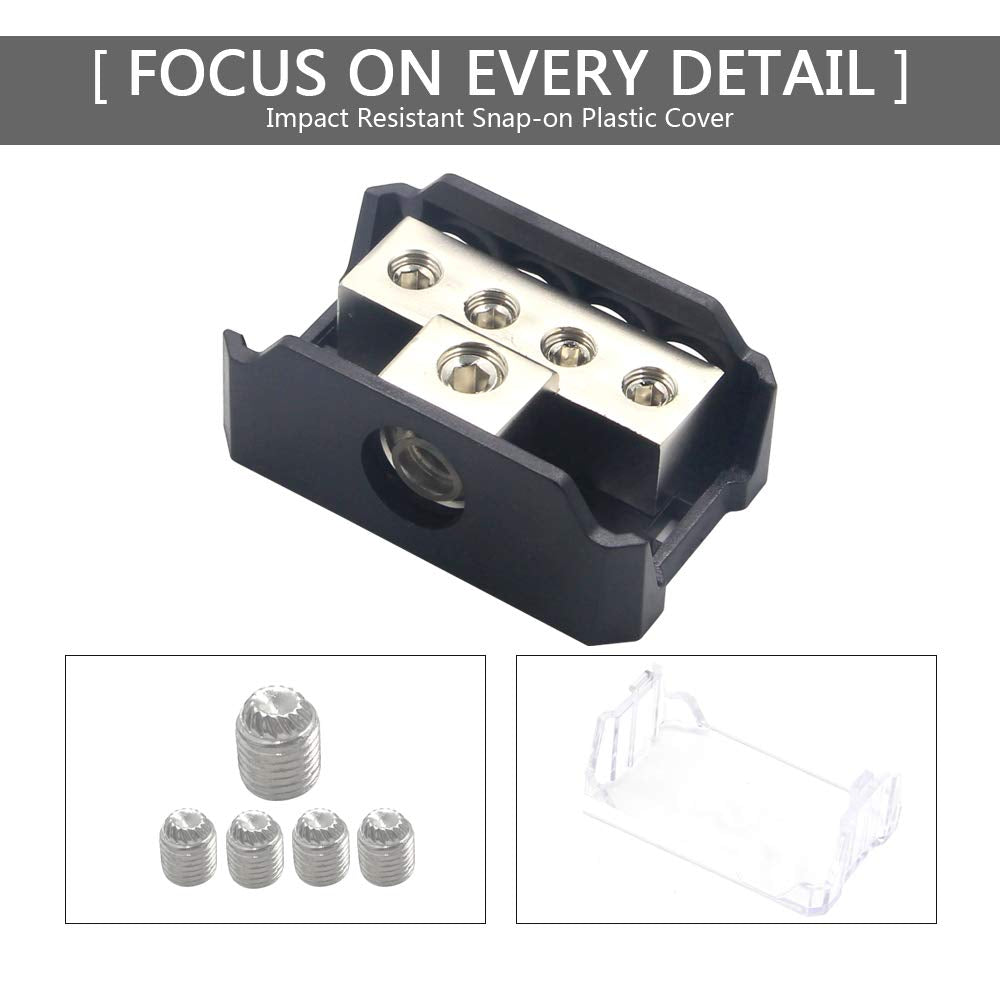 Rkurck 4 Way Power Distribution Block, 0/2/4 Awg Gauge In, 4/8/10 Gauge Out, Car Audio Stereo Amp Distribution Connecting Block