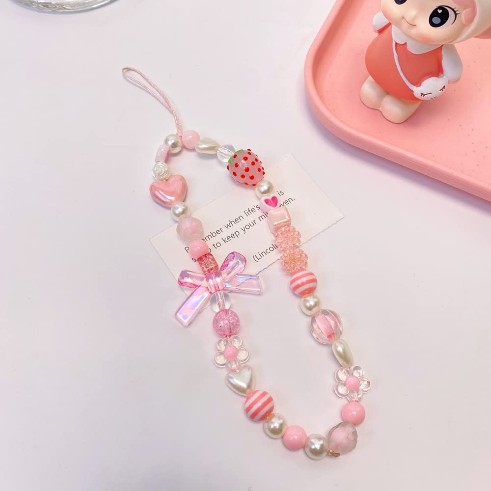 Pink Cute Strawberry Phone Charms Strap, Aesthetic Fruit Flower Love Hearted Phone Chain Pearl Beaded Phone Lanyard Jewelry For