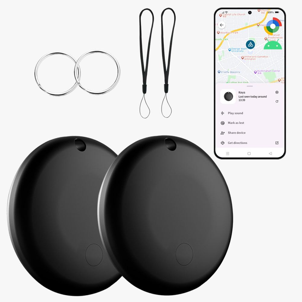 Bluetooth Tracker for Android (2Pack, Black), Works with Google Find Hub App, IP67 Waterproof, Replaceable Battery, Tracker Devi