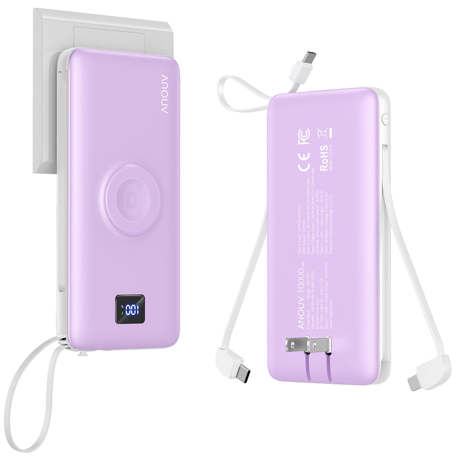 Portable Charger Built-in Cables, AC Wall Plug and Magnetic Wireless iWatch Charger, 10000mAh 22.5W PD Fast Charging Power Bank,