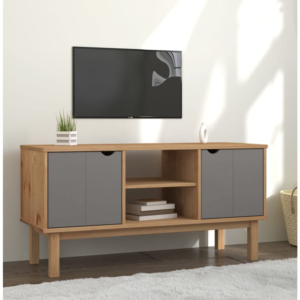 Vidaxl Otta Tv Stand, Gray Brown Scandinavian Design, Solid Pine Wood, 44.7''X16.9''X22.4'', With Storage Compartments, Easy Ass