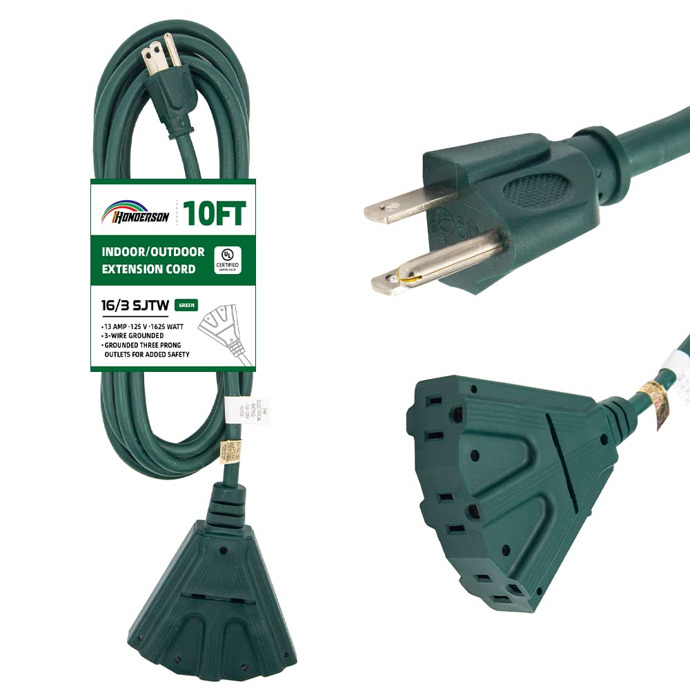 Honderson 3 Outlets Indoor Outdoor Extension Cord Weatherproof, Ul Listed, 16 Gauge 10Ft Green 3 Prong Heavy Duty, 16/3 Sjtw 13A