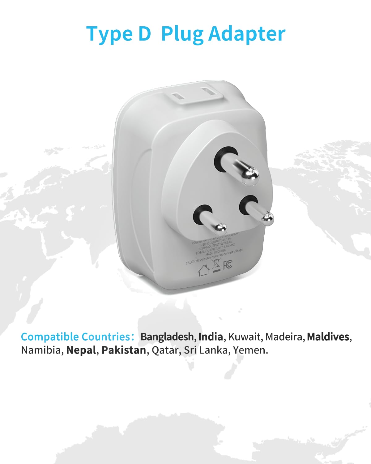 Us To India Plug Adapter, Vintar Type D Travel Adapter With 1 Usb C, 3 Usb Ports And 2 American Outlets, 6 In 1 India Power Adap