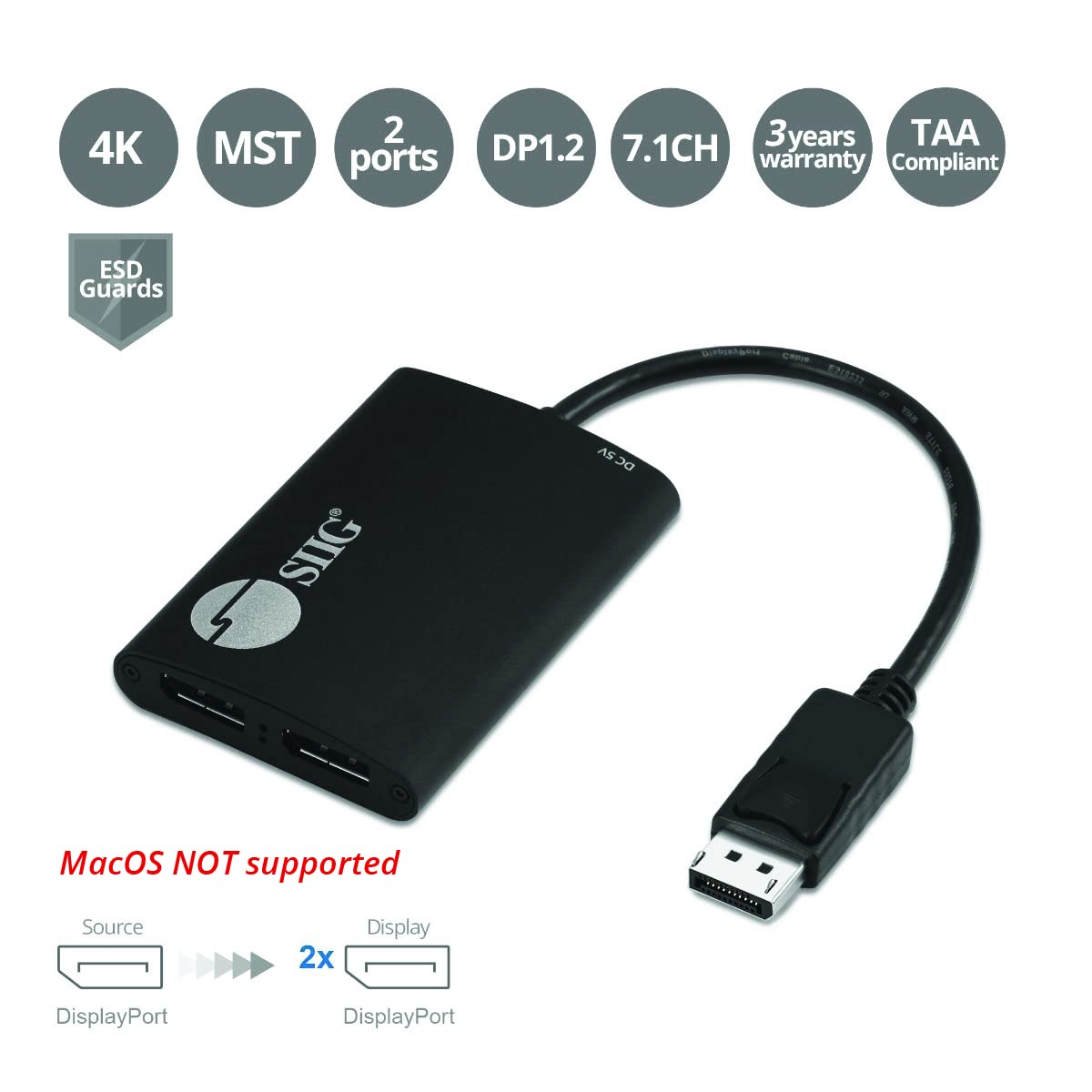 Siig 2 Port Displayport 1.2 To 2 Displayport Mst Hub Video Splitter, Not For Hdmi, Displayport Daisy Chain Monitor, Not For Maco