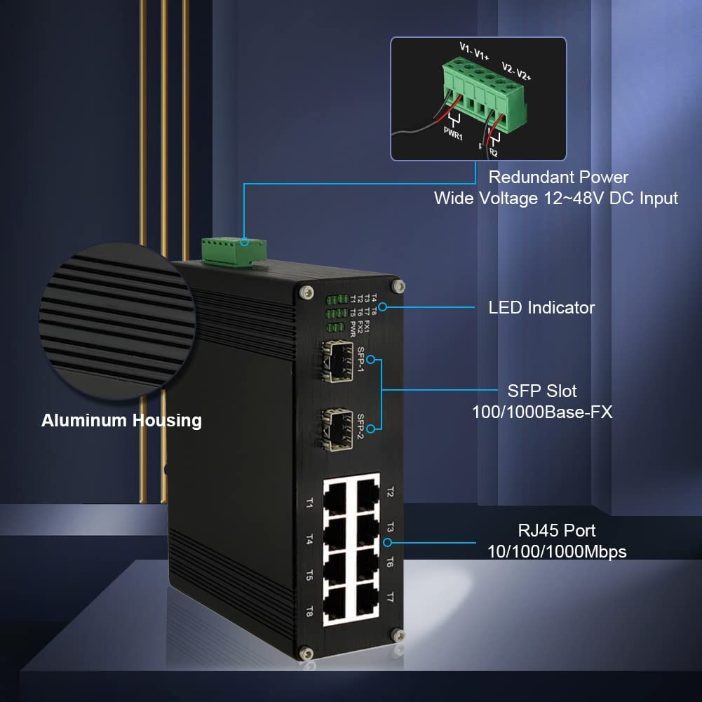 Industrial 8 Port Gigabit Ethernet Switch Din Rail/Wall Mount 8 Port Rj45 10/100/1000Mbps Unmanaged Din Rail Switch Hardened 10