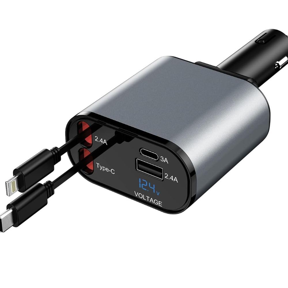 AILKIN 120W 4 in 1 Retractable Car Charger,Super Fast Charge Car Phone Charger,Retractable Cables & 2 USB Ports Car Adapter for