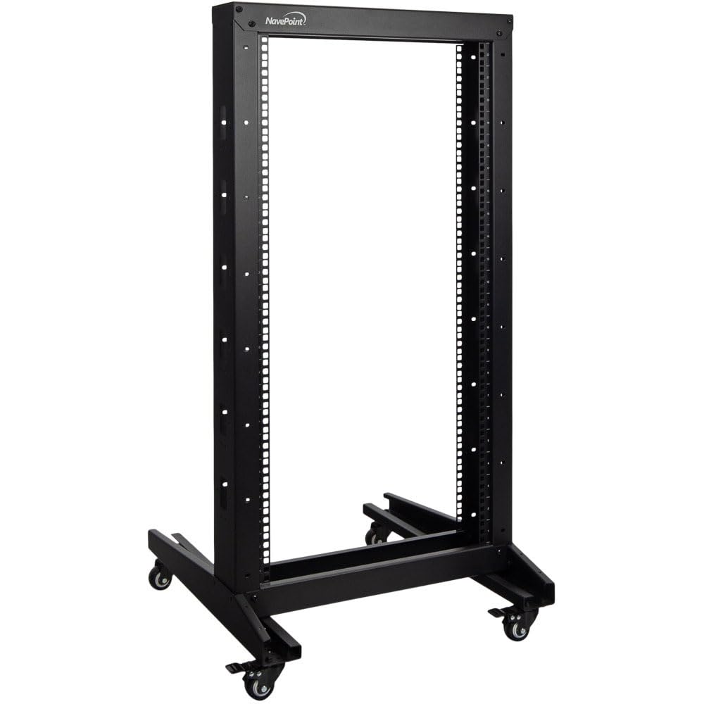 Navepoint 22U 2 Post Open Frame Server Rack With Casters For 19 Inch Equipment, Networking, And It Devices, 2 Post Rack 330Lbs W