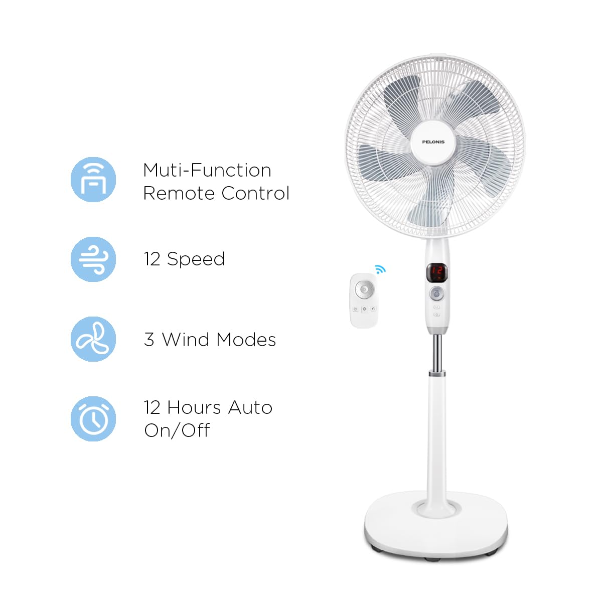 Pelonis 16'' Oscillating Pedestal Fan | Standing Adjustable Fan | Ultra Quiet Dc Motor | Remote Control | 3 Modes | 12 Hour Time