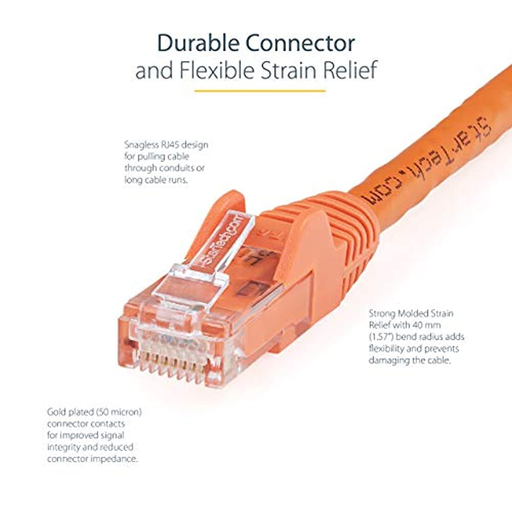 StarTech.com 1ft CAT6 Ethernet Cable   Orange CAT 6 Gigabit Ethernet Wire   650MHz 100W PoE RJ45 UTP Network/Patch Cord Snagless w/Strain Relief Fluke Tested/Wiring is UL Certified/TIA (N6PATCH1OR)