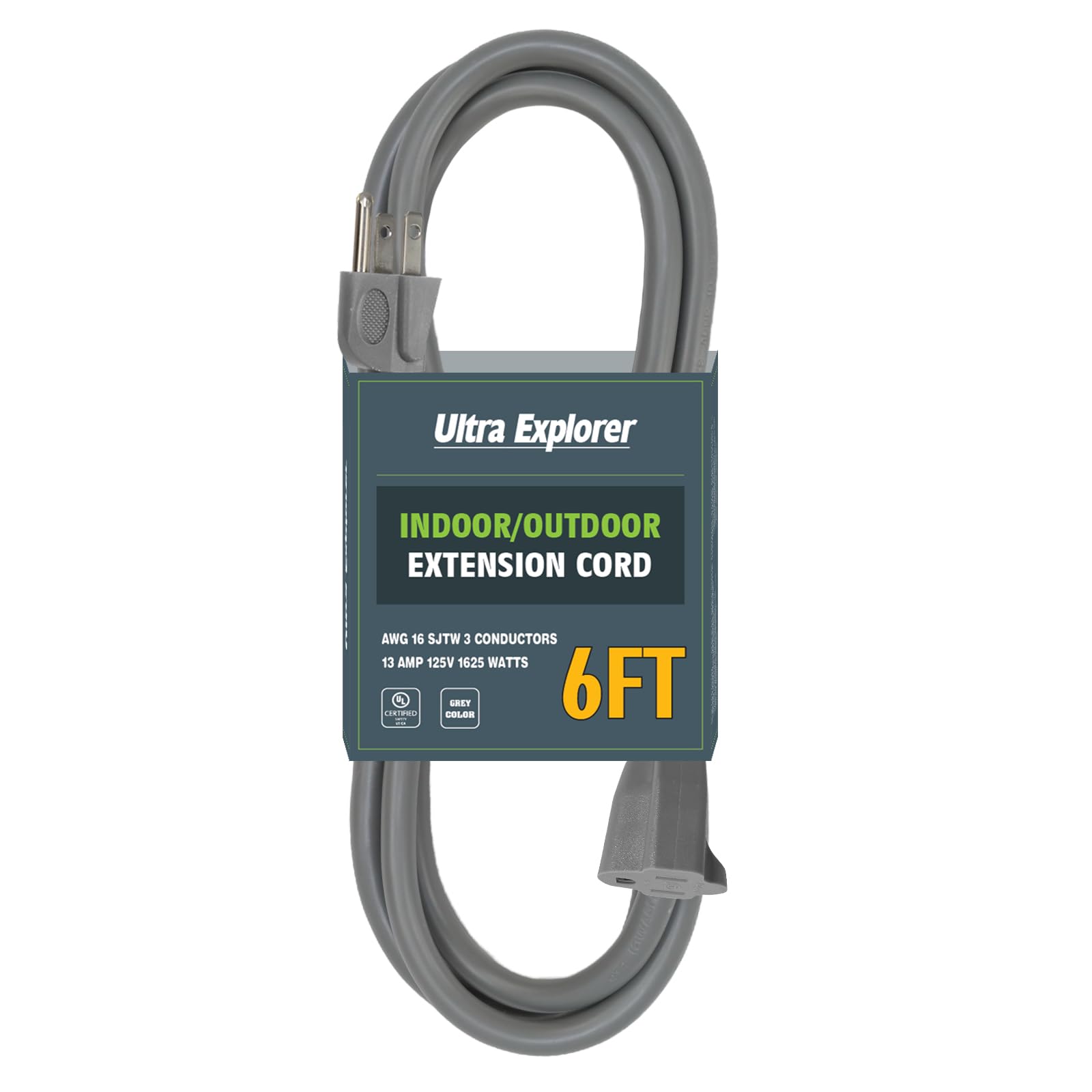 6 Ft Indoor Extension Cord, 16/3 Gauge Extension Cord Ouside, 3 Prong Grounded Plug Gray Electrical Cable, Sjtw, 13A 1625W, Ul L