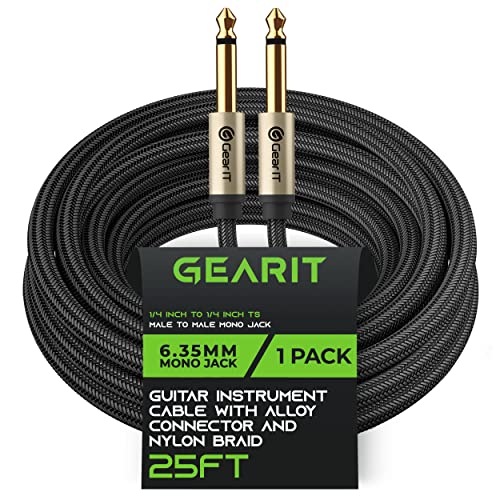 Gearit Guitar Instrument Cable (25Ft) 1/4 Inch To 1/4 Inch Ts Straight Male To Male 6.35Mm Mono Jack With Alloy Connector And Ny