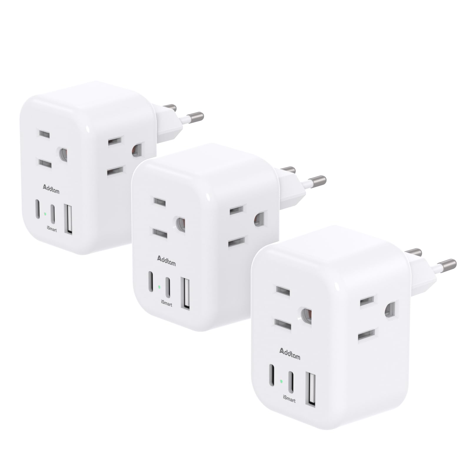 3 Pack European Travel Plug Adapter, Addtam Us To Europe Plug Adapter With 3 Outlets 3 Usb Charger (2 Usb C Port), Type C Power