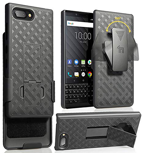 Case With Clip For Blackberry Key2, Nakedcellphone Black Kickstand Cover With [Rotating/Ratchet] Belt Hip Holster Combo For Blac